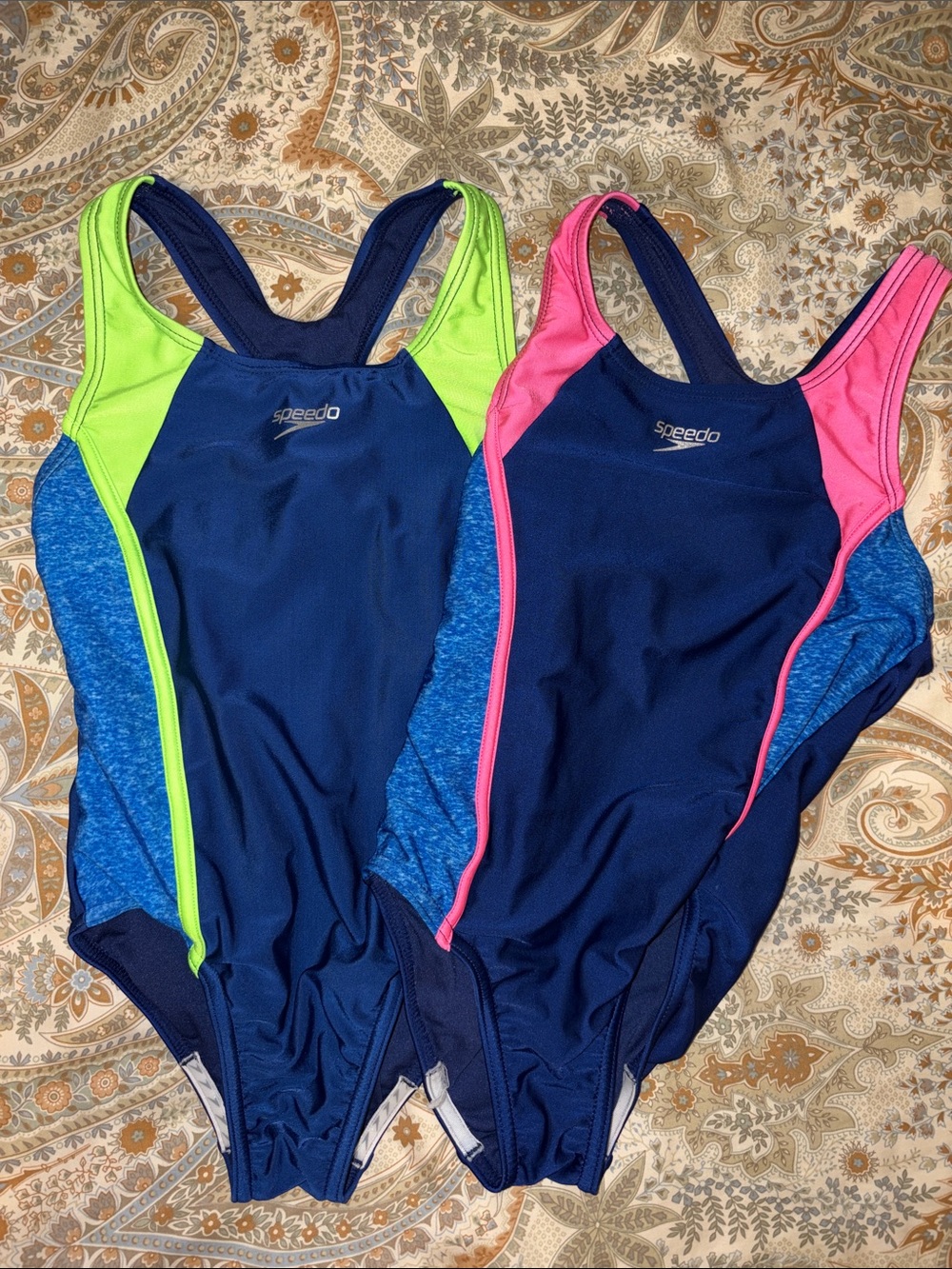 Speedo Navy One-Piece Swimsuits with Neon Pink and Neon Green Trim (Girls)